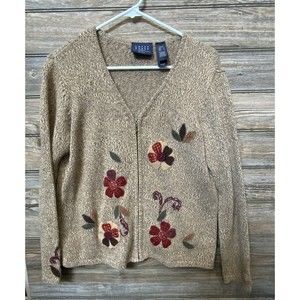 Crazy Horse Liz Claiborne Fall Sweater Cardigan w/ Applique Flowers Zip Petite L